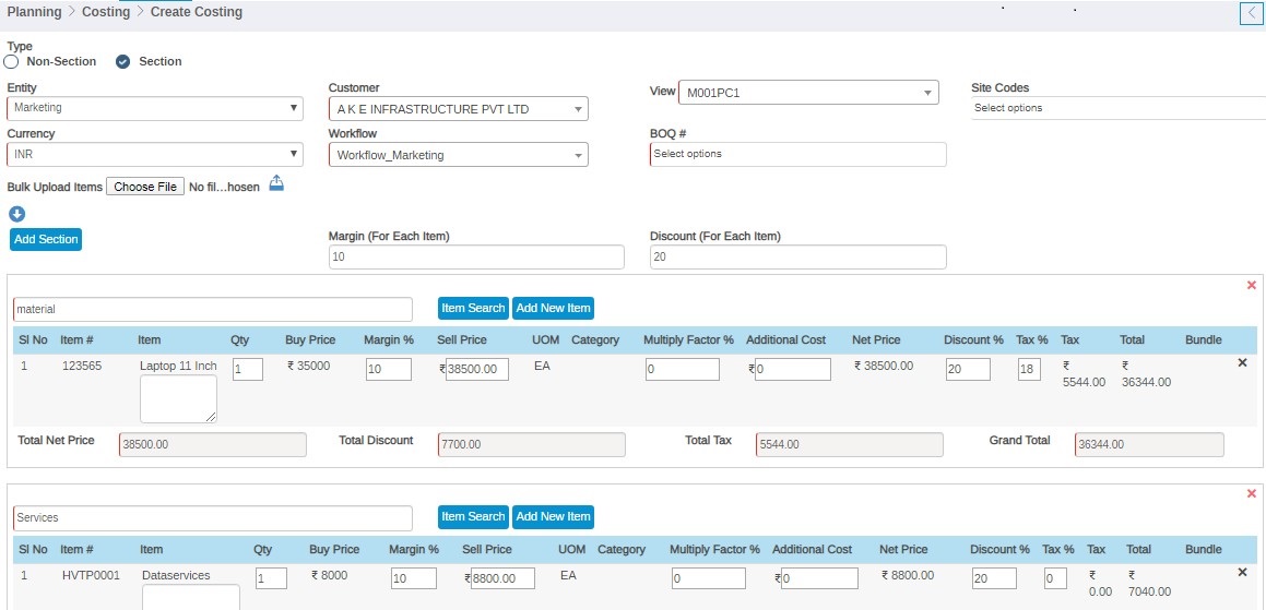 Costing Create with Section